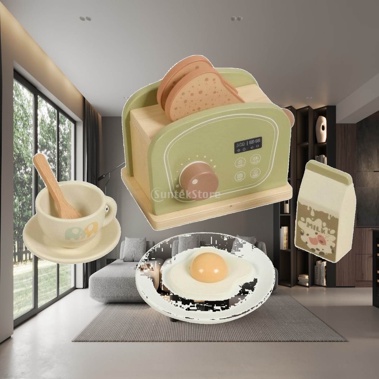 Kitchen Appliances Green - مجموعة ألعاب مطبخ خشبية للأطفال، تتضمن